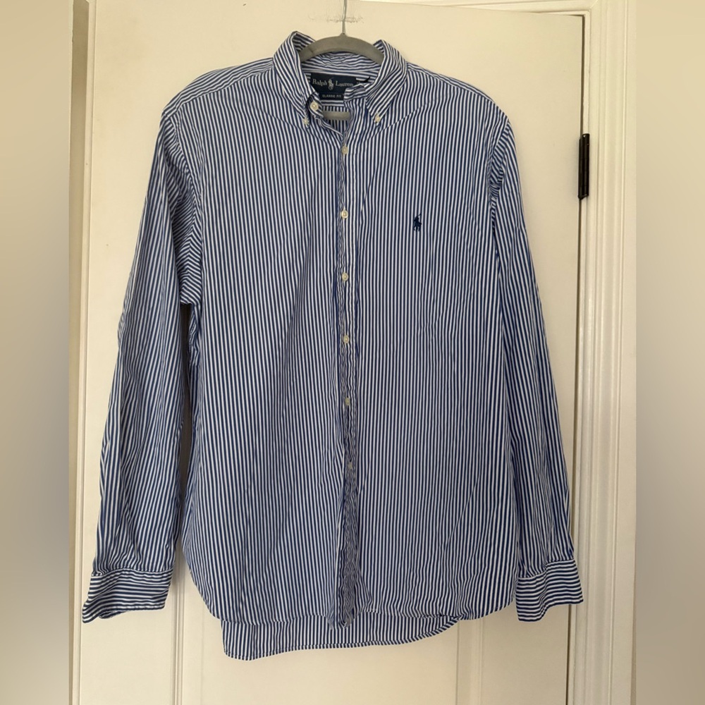 Ralph Lauren Men's Classic Fit Navy White Pinstripe Button Shirt Pony Logo XL 17